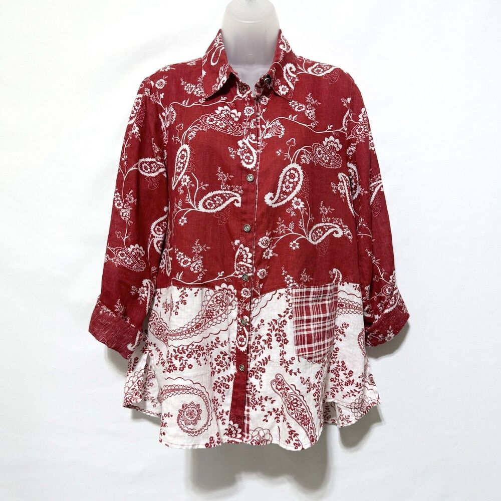 John Mark Red White Paisley 100% Linen Button Shirt Roll Tab Sleeve Women’s M